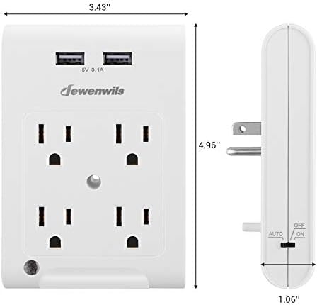Комплект от 2 контакти DEWENWILS Multi Plug, Разклонител 4 гнезда с 2 USB-порта, лека нощ и с датчик за осветеност, мрежов