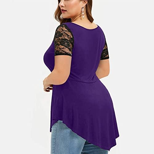 Плюс размери, Дамски Блузи, Однотонная Лейси Тениска С Цветен Модел, Дамски Ежедневни Асиметрична Туника С Кръгло деколте,