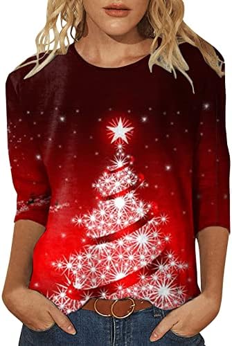 Тениски Коледни Ризи Оверсайз Дамски Ежедневни Блузи С кръгло деколте и Коледните Принтом, Ръкав Три Четвърти, Тениска С кръгло деколте, Скъпа