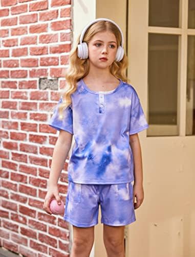 Mokermi/ Кратък комплект Летни дрехи с равен брой гласове-боя за момичета, Детски Тениска с къс ръкав и Копчета, Топ