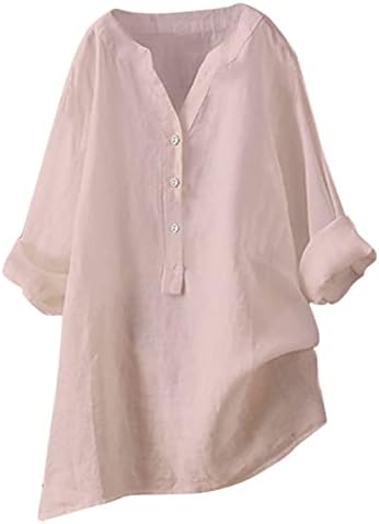 Дамски Памучни Ленени Ризи Плюс Размера на Ежедневни Блузи Копчета 2023 Летни Блузи с V-образно деколте и Дълъг/Къс Ръкав