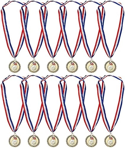 Juvale 6 Опаковки Златни победных медали с флага на сащ и лента за спортни състезания и Турнири, 2,7-Инчов медал с 15-инчов