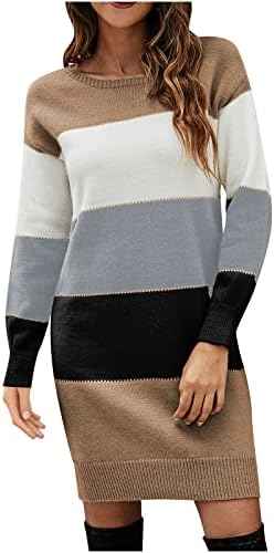 HgNAY Женствена Рокля-Пуловер с дълъг ръкав от Цветен Блок 2022, Модни Ежедневните Свободни Разтеглив, Зимни Плетени