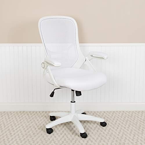 Ергономичен Офис стол с висока облегалка от бяла мрежа Flash Furniture с Бяла рамка и откидывающимися подлакътници 26,5