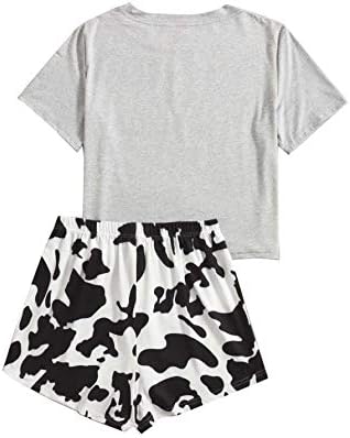 WDIRARA/ Женска Тениска с къс ръкав и Къси панталони с Анимационни Принтом Крави, Пижамный комплект