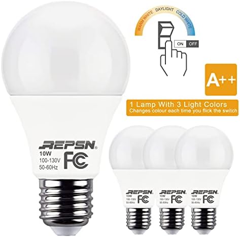 Led лампа REPSN® 3 цвята E26, 10 W, Еквивалент на 100 W, Переключаемая (2700K4000K/6000K), 1000LM, Енергоспестяващи крушки без регулиране на яркостта на led осветителни тела за спалня, офис,