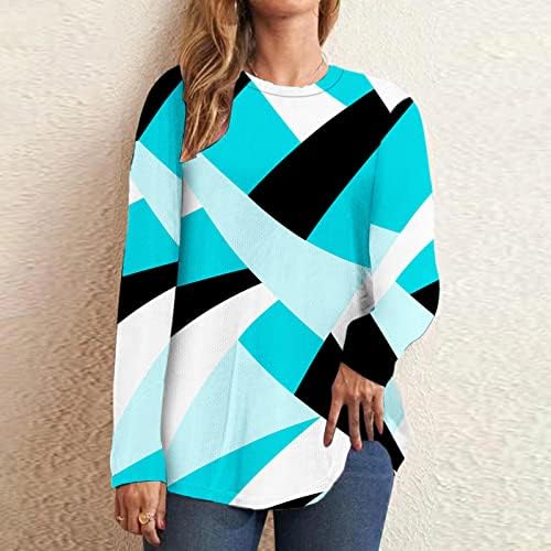 Жена Случайни Геометричен Пуловер, Блузи, Модни Тениска с дълъг Ръкав в Цвят Блок, Есенна Туника с кръгло деколте, в