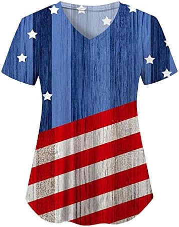 Женска тениска с 4-ти юли, Флаг на САЩ, Летни Тениски с Къс ръкав и V-Образно деколте, 2 Джоба, Блузи, Празнична Ежедневни