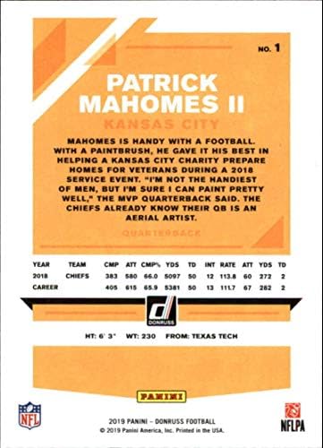 2019 Donruss Football 1 Патрик Магомес II Официалната Търговска картичка NFL Kansas City Chiefs от Панини America