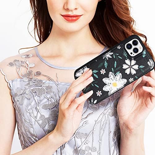 Crosspace Женската чанта-портфейл за телефон, съвместим с iPhone 14 Pro, с държач за карти, от висококачествена естествена кожа със завързана модел под формата на цветя за доб