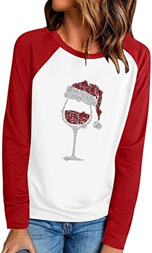 Тениска за Жени, Коледна Чаша за Вино, С Принтом Цветен Блок, Тениски-Raglan с Дълъг Ръкав, Блузи, Ежедневни Hoody, Пуловер