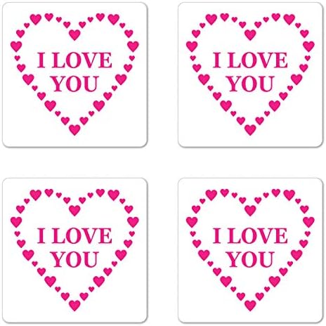 Набор на каботажните Ambesonne Love от 4 теми, Надпис Romance Сърца обичам Те на прост фона на Модел, Квадратни Гланц Влакчета от оргалита Стандартен размер, бяло и ярко розово