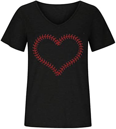 Хубава Тениска за Жени, Бейзболни Тениски с Принтом на Сърцето, Къс Ръкав, V-Образно Деколте, Свободна Туника, Блуза,