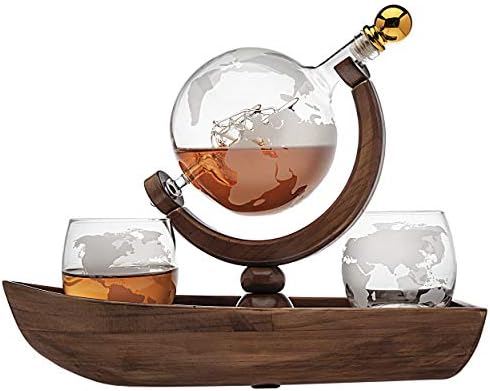 Набор от графинов за уиски Godinger Ship Globe с 2 бокалами за уиски World - за алкохол, лепенката, Бърбън, Водка - 850
