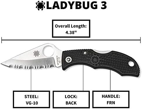 Лек сгъваем нож Spyderco Ladybug 3 - Черна дръжка до frn с нож SpyderEdge, куха шлайфане, стоманени остриета VG-10 и