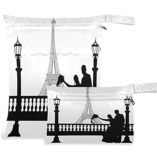 visesunny Eiffel Tower Valentine 2 бр., Влажна Чанта с Джобове с Цип, Моющаяся Множество Голям Чанта за Памперси за Пътуване,