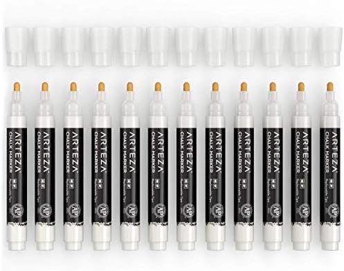 ARTEZA Комплект от 12 течни бледа маркери (Бял цвят, 12 Сменяеми накрайници за длета, пинсети 1 бр.) - Миещи се - На водна основа - Бял течен маркери за черната дъска