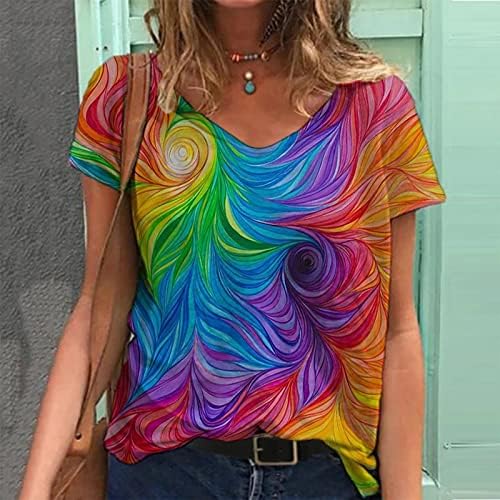Блуза, Тениска за Жени Памук с Къс Ръкав Дълбоко V Образно Деколте Живопис на Цветя Абстрактен Графичен Свободен Приятелка