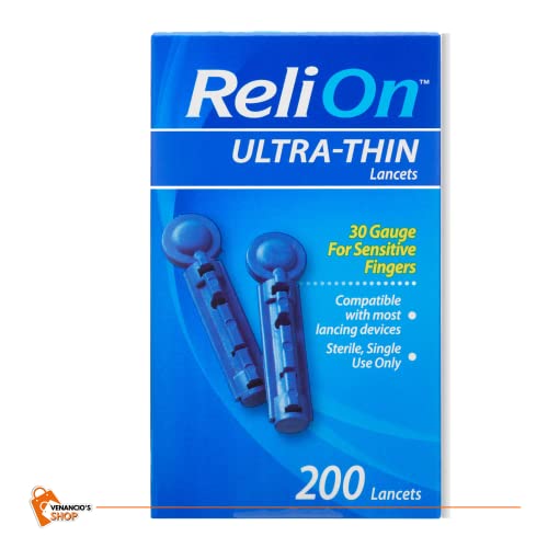Тънки ланцети 30 калибър, 200 броя, предназначени за удобно използване дори и на чувствителни пръсти (Опаковка от 2 броя), от ReliOn +, в комплекта са включени стикер Venancio'S F