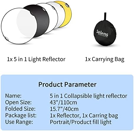 Рефлектор за фотография Selens 43 инча (110 см), Сгъваем Отражател на светлина с калъф за носене, Рефлектор 5 в 1 за фотография, Осветление за фото студио - Прозрачна, Сребри