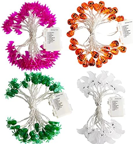 Украса JOYIN Хелоуин Светлини, Комплект от 4 Гирлянди, се батерии (Тыквенная прилеп-Призрак-Паяк) с таймер, 4 * 15 фута, 8 Режима на осветление, Приказни светлини с 30 светод