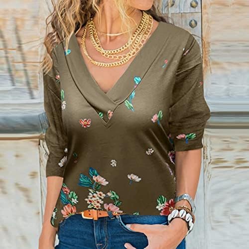 Блузи с дълъг ръкав и имитация на шията за жени, Дамски Модни и Удобни Блузи с V-образно деколте и Дълъг ръкав с Флорални