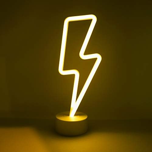 Настолна лампа Исаак Jacobs 11,75 x 4,35 с неоново жълта led Светкавица Болт, Бяло основа, нощна светлина, за декор за спалня и партита; Работи на батерии (акумулаторни батери?